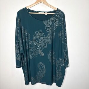 Susan Graver Blouse Top 2X Green Gold Liquid Knit Tunic Paisley Christmas Holida